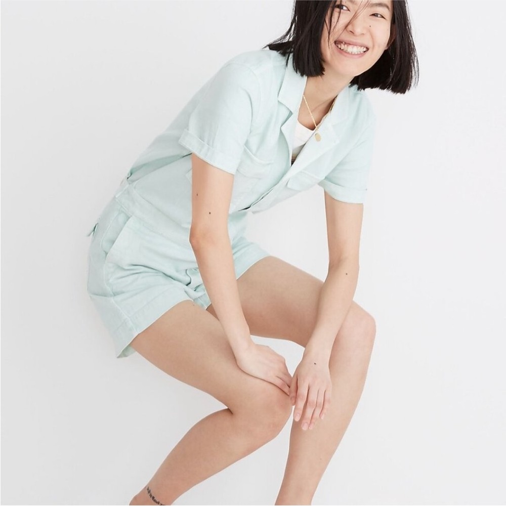 Madewell Denim Jumpsuit Coveralls Shorts Seafoam Green 100% Cotton Size XS